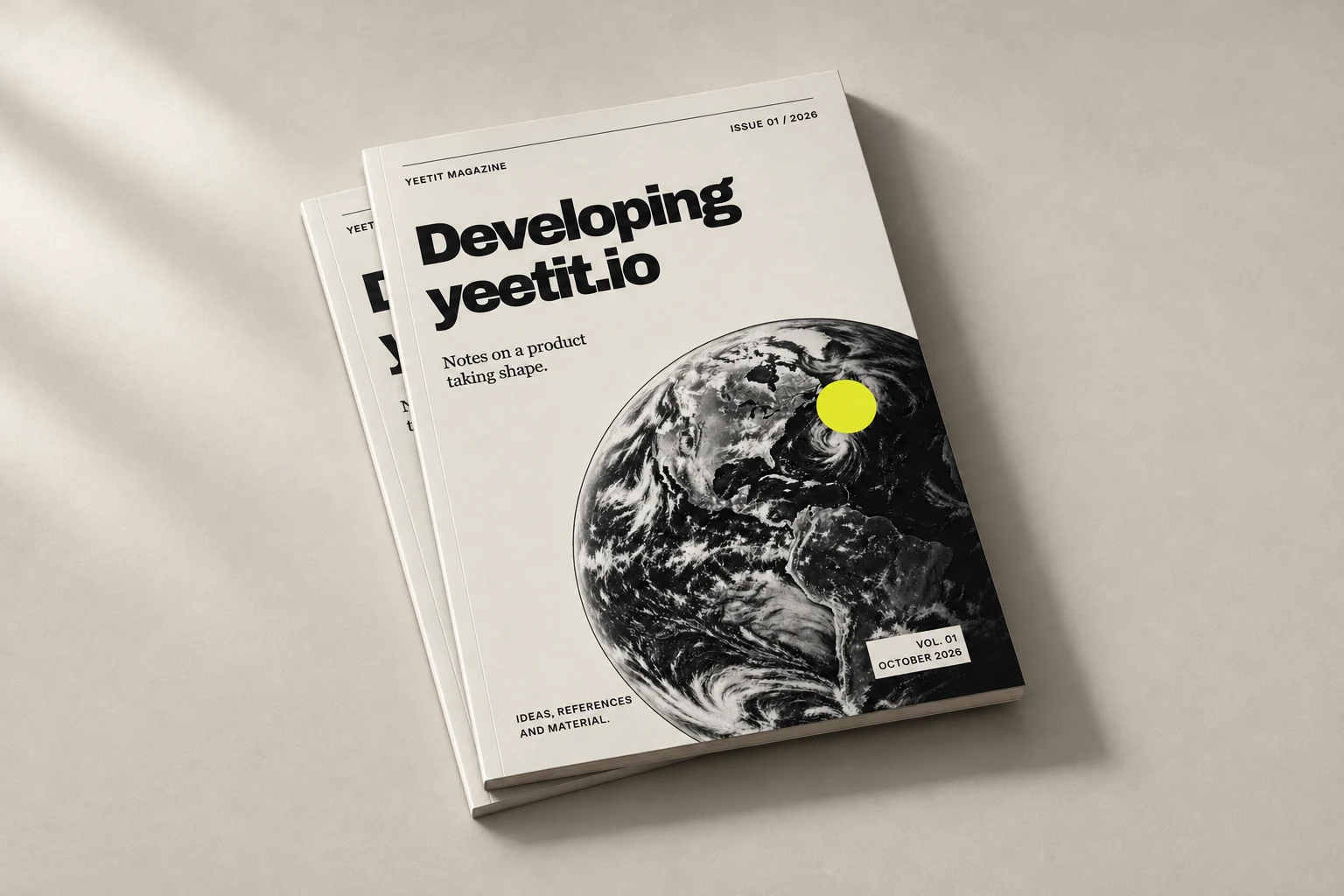 Physical print concept of Developing yeetit.io: a tactile magazine with the same Earth cover as the digital edition.